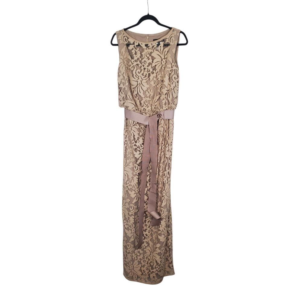 Preloved Tadashi Shoji Tan Sandy Beige Maxi Long Lace Belted Dress Floral Sz 6 - Picture 2 of 6